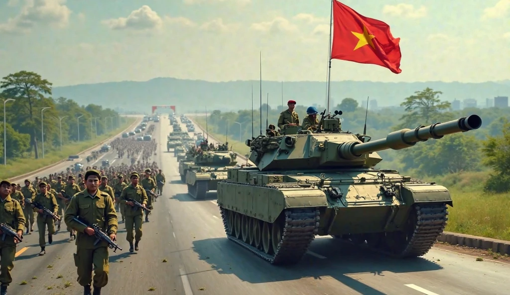 In front of Tiananmen Square in China in 1976,Tanks suppress the marching masses,Fire rage,People scattered