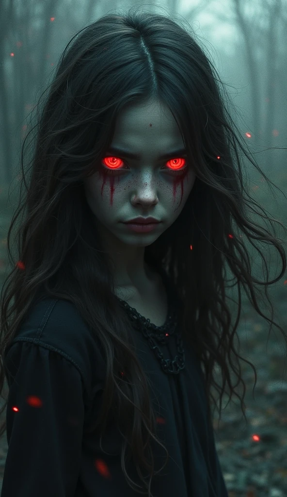 Photo of the face of a girl with deep dark circles, look of tiredness, sadness. Blank stare. Eyes with reddish sclera. Face bruised and dirty. Setting is a dark and mysterious forest. Moonlight highlighting. Masterpiece, digital art. Realism. Realistic art