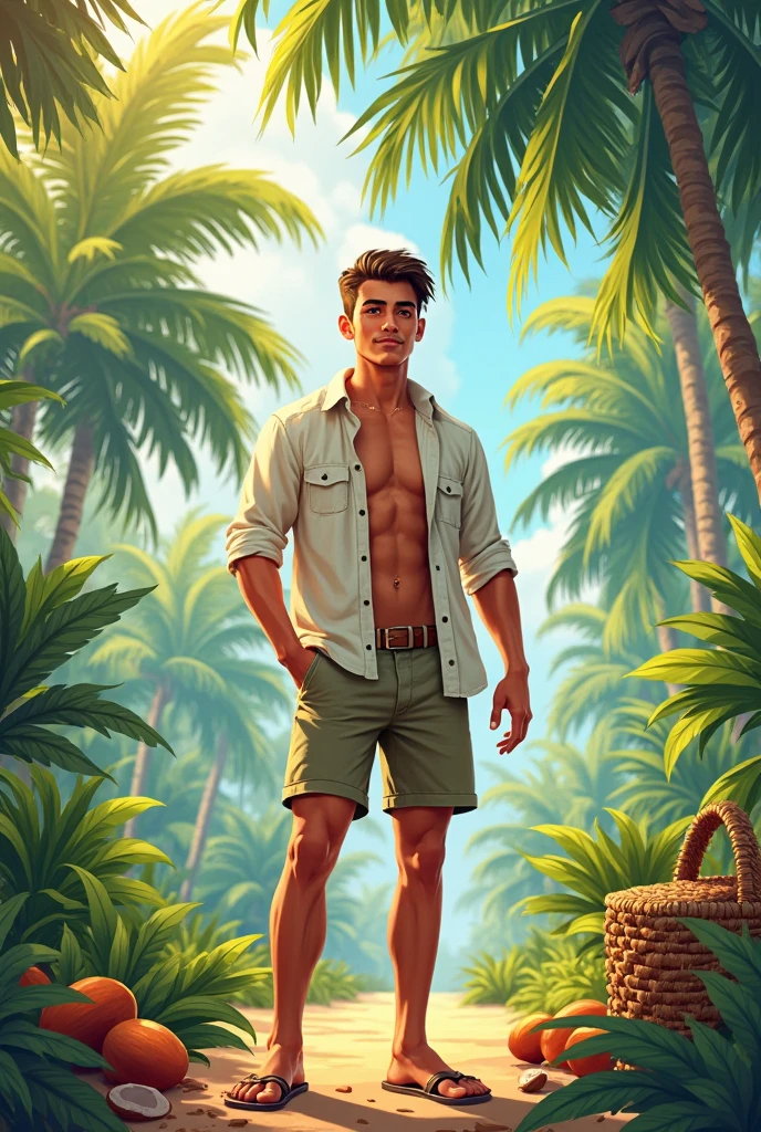 in roberto ferri art style, slender young man, shirtless, barefoot, pantless, next to a river, candid imagen, natural lighting, becoming the subject composition, vibrant colors, complementary colors, perfect composition, beautiful, slender, handsome young man, detailed muscles, realistic skin, You can see his veins, standing in the middle of a path in the jungle, his confident look, his masculine countenance, seductive look, naked, shirtless, pantsless, barefoot, next to a calm river, foxes, birds butterflies, view from 2/4
