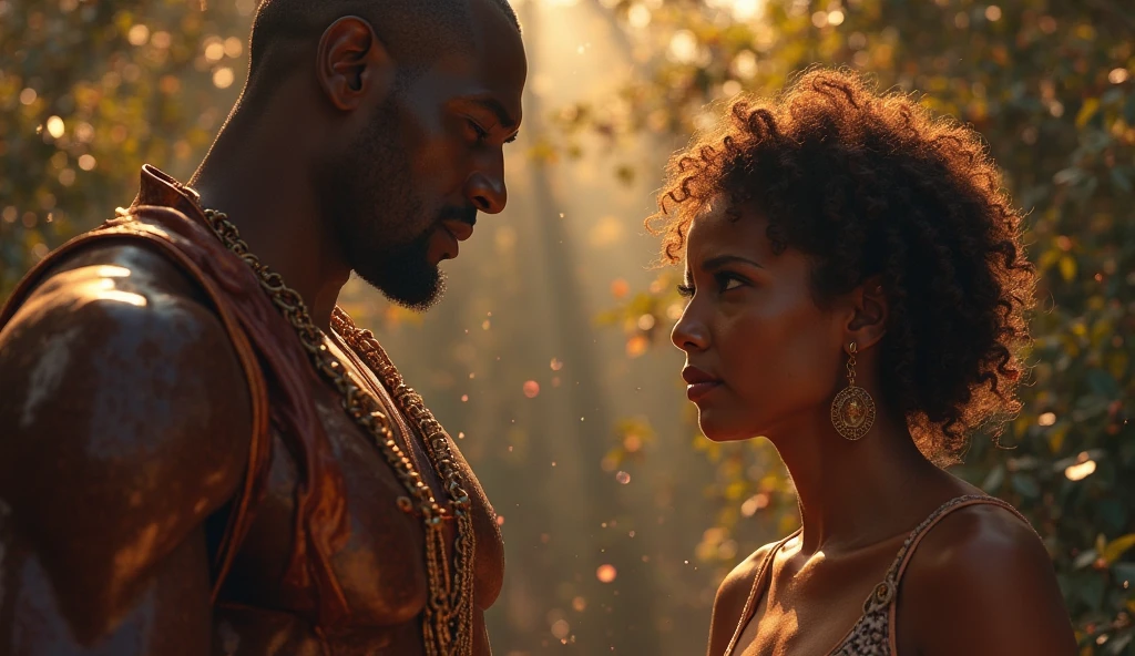 Je veux que tu me fasses une couverture pour un roman Fantasy romance, ces deux personnages noirs de peau, dark skin, ils sont des ennemis, ils veulent s'entretuer, surtout lui, elle, she mainly defends herself but her goal is to save him at all costs too.