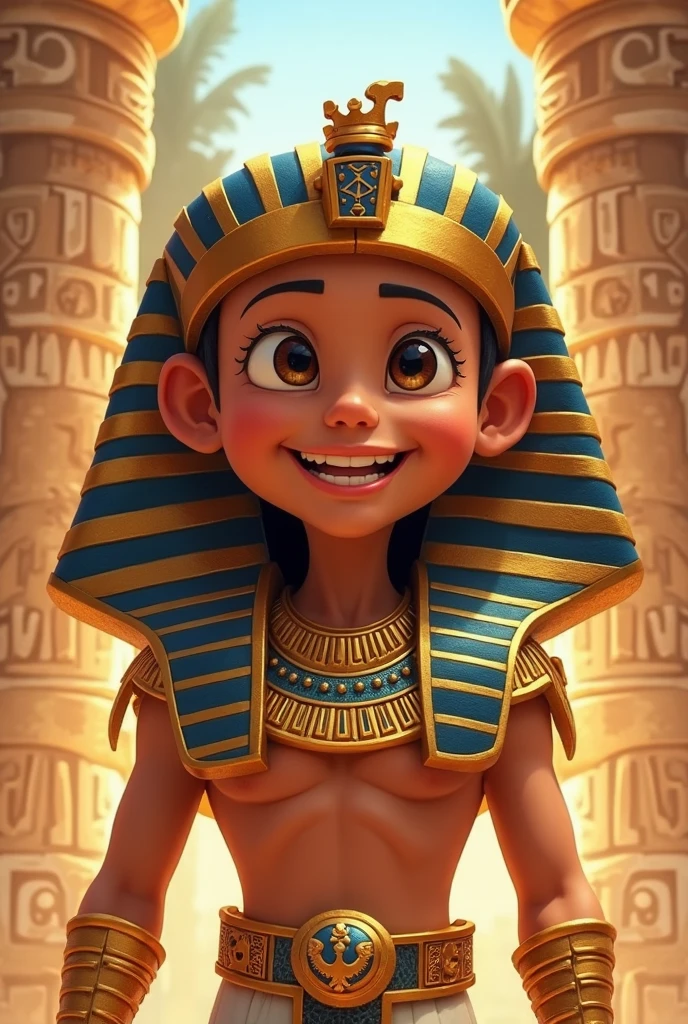 A vibrant scene from Ancient Egypt showing a very happy teenager. The wavy haired teenager, dressed in typical Egyptian clothing of the time, like a kilt and a beaded necklace, is smiling broadly as he plays near the pyramids. The scenery includes the great pyramids of Giza in the background., and the surrounding environment is enriched with historical details, like sphinxes and hieroglyphics. The sunlight is bright, creating a happy and warm environment.