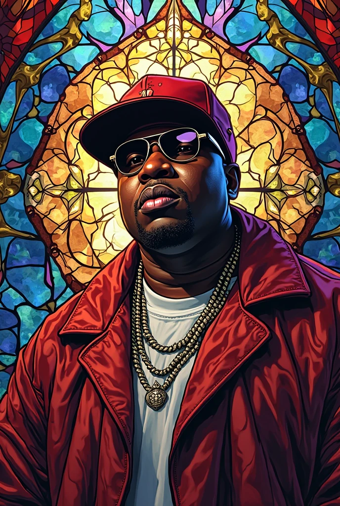 REMAKE THIS SAME 4K QUALITY IMAGE IN, stained glass style as a SUPER COLORFUL AND HARMONIOUS art form WITH VIBRANT COLORS ,  NA IMAGEM   O PERSONAGEM  É O NOTORIOUS  BIG
