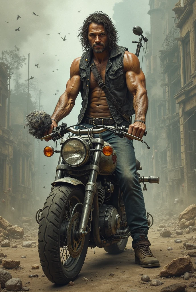 den, rooster bird, pig, male, adult, veiny muscles, defined body, toned muscles, dark black pants, terrorist, bandit, criminal, pirate, serious look, fierce look, small eye, black feathered body, white feathers, detailed background, wild background, clear weather, realistic, photorealistic, ultra realistic, 8k, bare chest, black nipples, tight crotch, shirtless, utility belt, shiny skin, torso tattoo, long feathers, unbuttoned black vest, riding a white Yamaha motorcycle with smoke coming out behind, in the city,