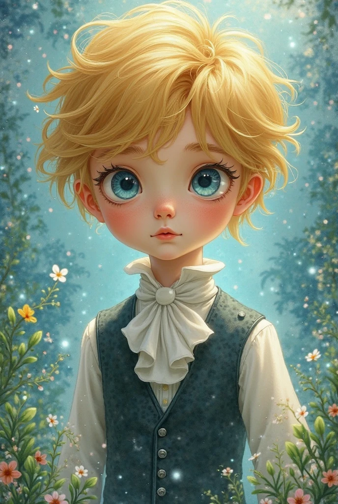 Blonde boy with blue eyes in the style of Alice in Wonderland