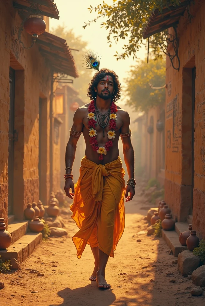"Jeon Jungkook from BTS wearing a traditional Indian dhoti with a sacred thread (janau) across his chest. He has long, black curly hair, styled half down and half tied in a bun. He wears rudraksh earrings and has a tilak on his forehead. He stands on a rock beside a serene stream, with a soft smile, spreading his arms as if interacting with birds and butterflies that are flying around him. The background is lush and natural, with a calm and peaceful atmosphere."