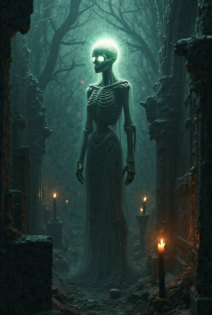 very detailed floating ghost, translucent greenish ghost, intricately detailed creepy cemetery, seethrough ghost, creepy, mysterious, very dark scene, mist, HR Giger and Dariusz Zawadzki style, horror, 32k resolution, best quality