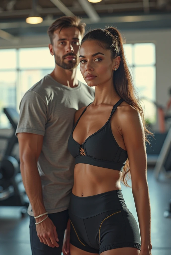 brunette and voluptuous girl, of Spanish descent, at the gym talking to a man, 4K, highly realistic