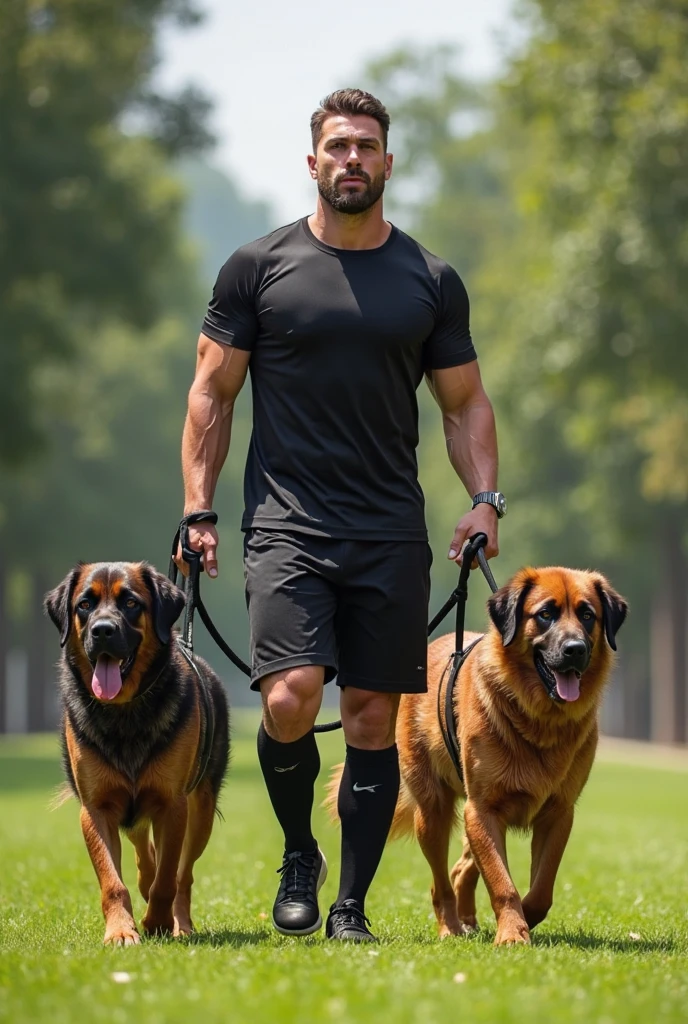 32k, cinematic, hyperrealistic, (masterpiece), high details, ultra-realistic, photograph of, <lora:rhyheimsv3:1> rhyheims, black man, bald, facial hair, dark skin, dark-skinned male, realistic, male focus, wearing expensive performance apparel, out for a (walk with his dog)