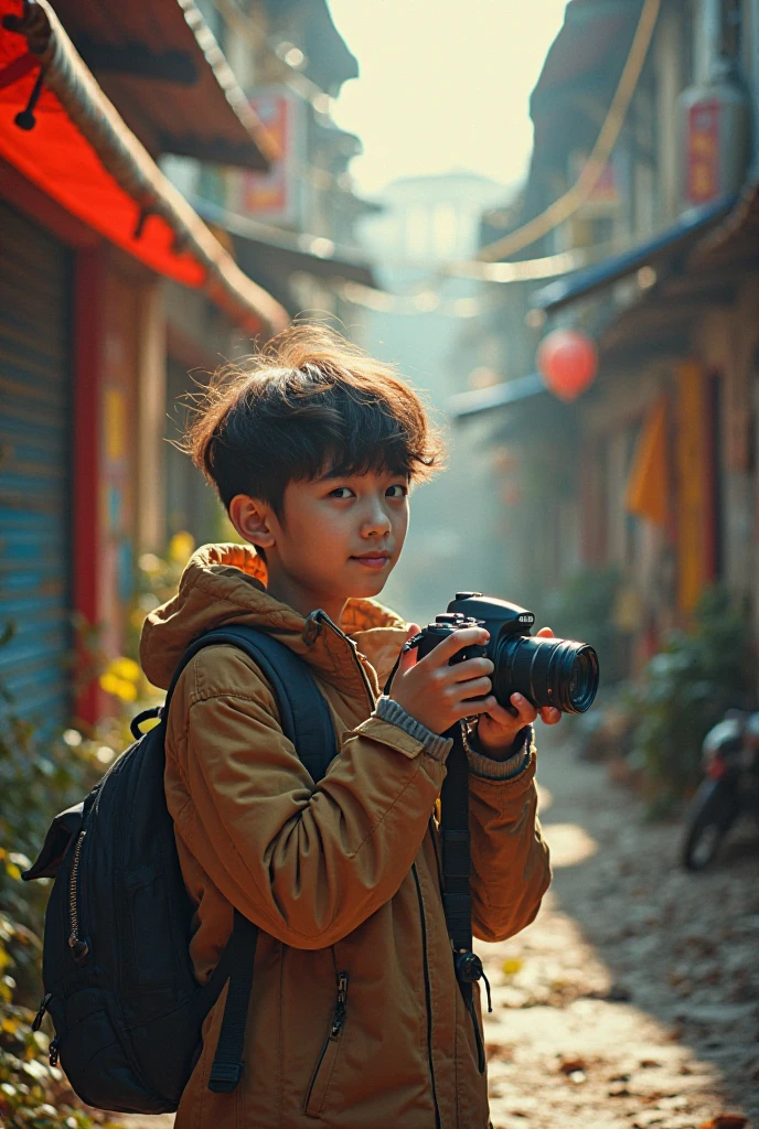 age boy with red demon mask with gold touches holding a camera dressed in a white sleeveless shirt and denim shorts