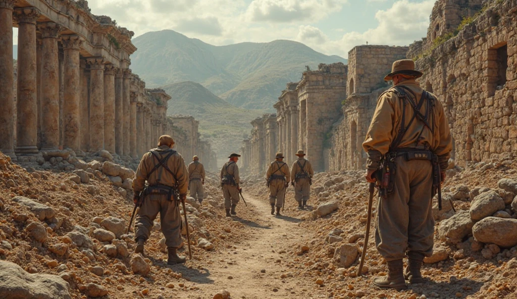black and white, grainy old footage, 35mm vintage, frightened 18th century explorers running from two giant-spartan soldiers among ancient ruins