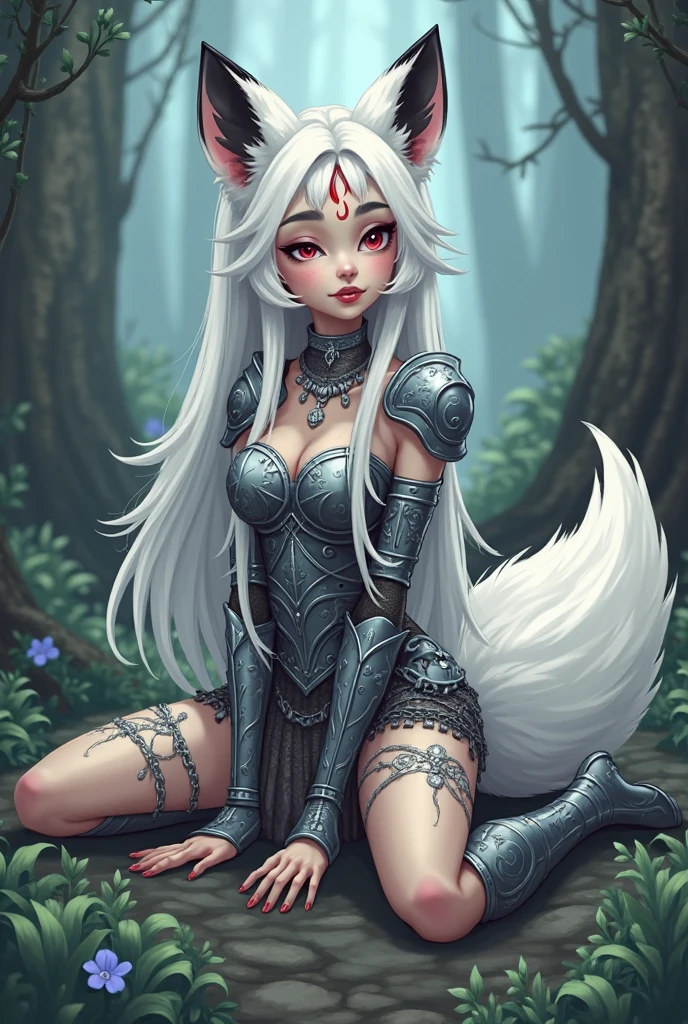 A beautiful, sexy, voluptuous anthropomorphic fox character with long, flowing white hair and sky-blue fur, with traits of the Dark Magician Girl character from Yu-Gi-Oh! She sits in a snowy forest, surrounded by tall, snow-covered pine trees. The character has large, expressive blue eyes, pointed ears, and a fluffy tail, with intricate tribal markings on her fur. She holds a beautifully carved wooden bow, and her outfit is adorned with blue and gold patterns, highlighting her status as an expert archer. The winter scenery is serene, with soft sunlight filtering through the trees, casting a magical glow on the scene.