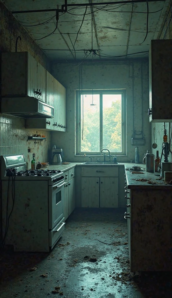 There is a ruined kitchen with a table and chairs in it, dirt, ruined kitchen, ruined interior, ruined city background, dust, spider web, retro ruin kitchen, horrorpunk interior, destroyed and dirty decoration, bush, walking dead kitchen, blood splatterer on the walls