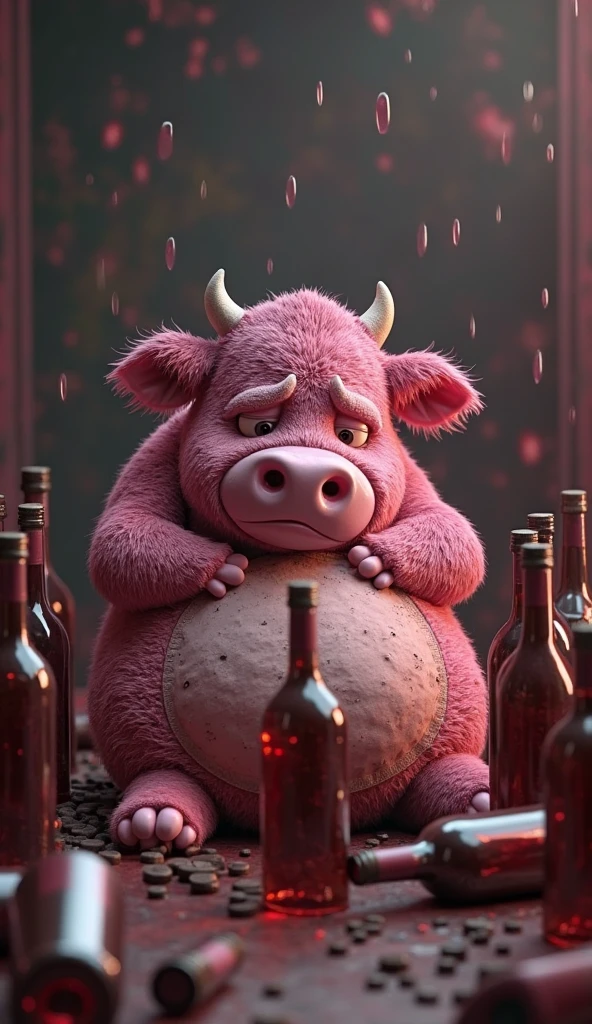 A drunken, large, pink unicorn is throwing up with a glass in its hand.