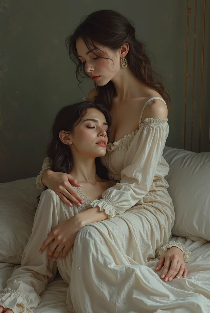 Generate a woman caring for a sick person Girls Black  hair  , Baroque style Two girls , one woman is sick, the other is looking after her 