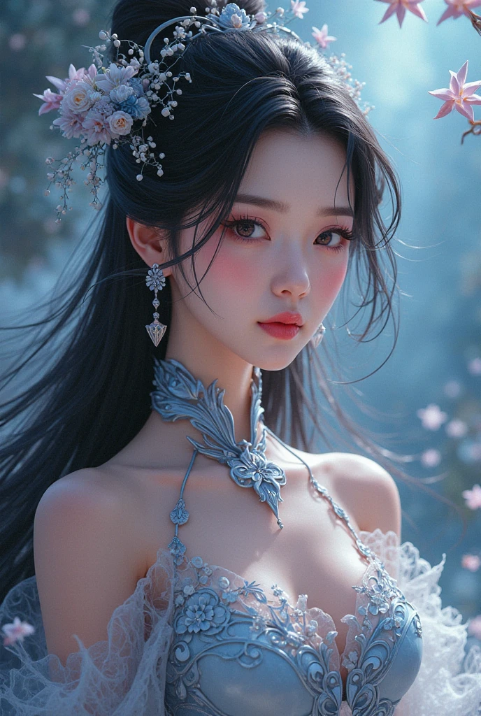 stunning beauty, Aesthetic, Oil painting style, thick coating, Women with incomparable style, Exquisite facial makeup, Black hair, long hair and waist, long eyelashes, Dark brown pupil eyes, exquisite nose, Lip balm, Inseparable strands, Beautiful posture, Graceful curves, Plump ideal type, Super special exaggerated huge breast weight, Bold, Elegant, Extravagant artistic acts, romanticism, (Fractal Art), Vibrant colors, Sunny glare smooth skin, Professional photo close-ups, Brutalist design, Explore Victoria's Secret, blush, flower petals, Vivid colors, The most beautiful chaotic shapes, Colorful, Colorful and magnificent, From  above, from the front side