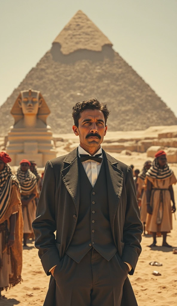 Scientist Nikola Tesla visiting ancient egypt. He is standing in front of pyramids and sphinx. Some of the ancient Egyptian peoples are standing behind him.