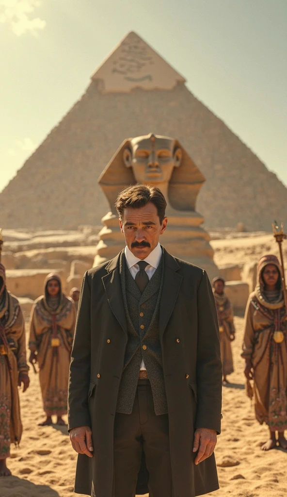 Scientist Nikola Tesla visiting ancient egypt. He is standing in front of pyramids and sphinx. Some of the ancient Egyptian peoples are standing behind him.