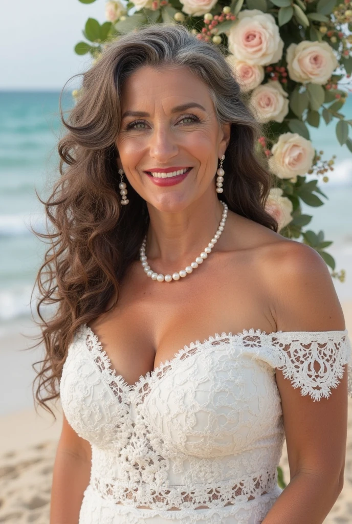 a mature woman, curvaceous, wearing a lacy dress flower motif. Location of the most beautiful beach. She should have a natural appearance, blue eyes, grayblondehair, Spoiled pose, smile sweet. Shoot this image in high resolution with a 35mm lens to get a good perspective.”