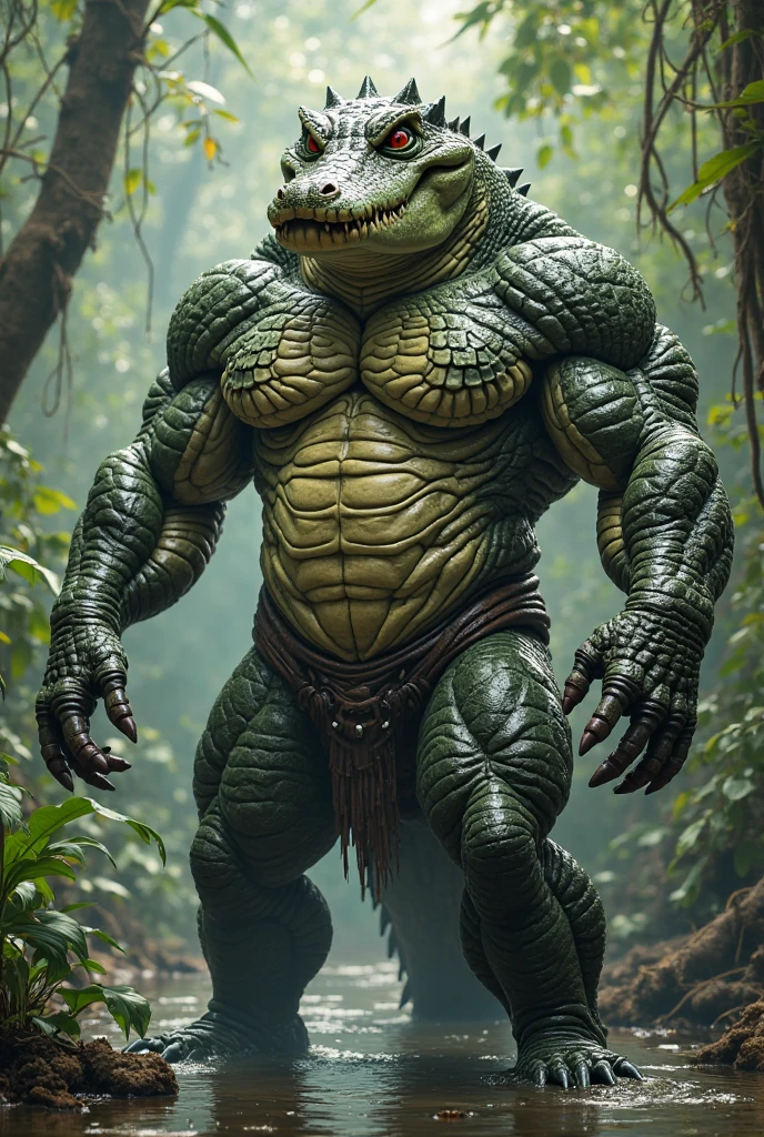 Tall hyperMuscular Deep BLUE Crocodile, HD, 4K, high resolution, Best quality, perfect colors, perfect shadow, perfect litthing, Alone, Males person, Correct Head Anatomy, Correct Anatomy, (Detailed Realistic scales, epic, tmasterpiece:1.2), (Detailed swamp background), shining Scales, smooth scales, perfect scales, detailed scales, Crocodile, Deep Blue Crocodile, torch lighting, night, Deep blue scales color, hornless, no horns, Big muscle, detailed speedo, big underwear bulge