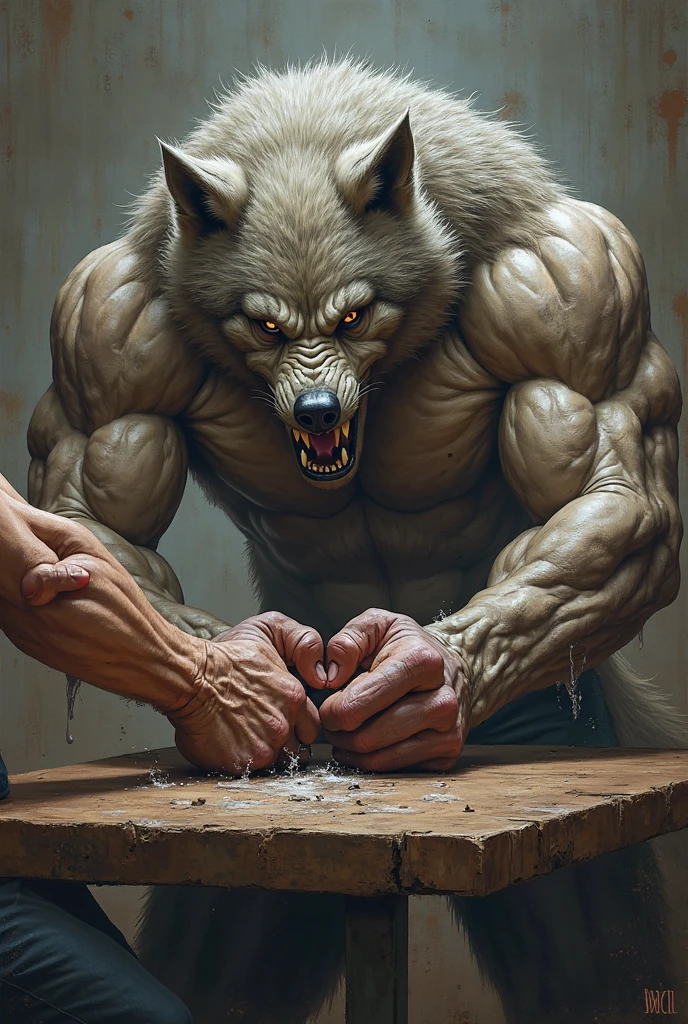 a middle-aged man,Transformation,werecreature,The golden full moon outside the window,room,Sports vest,musculature,Realistic style,Claw marks on wall,wolf snout,wolf fur,clawed paws,meat pad hand,Wolf tail,Close-up