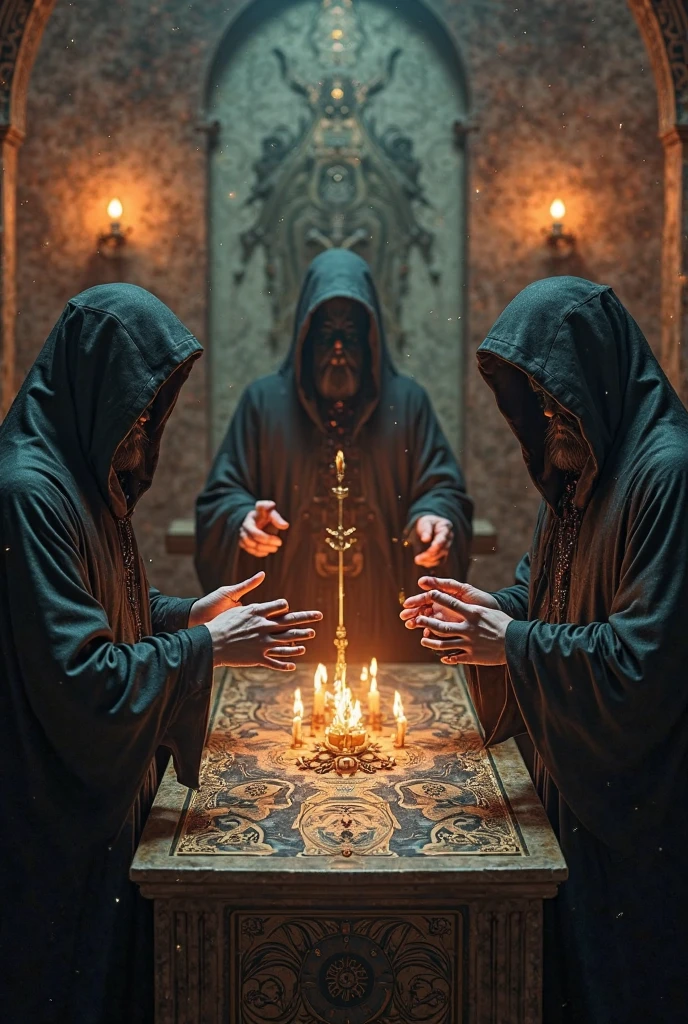 Photo of a group of people doing black magic on a table , black magic symbol is drawn on the table , candels are kept on the table , people wearing black cloak , teriffing lookin people ,