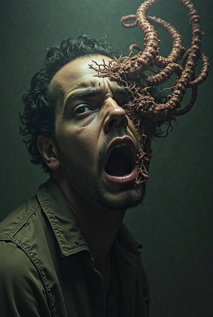 a man's face made of worms, extremely detailed, hyper-realistic, volumetric lighting, shallow depth of field, photorealistic, 4k, highres, intricate details, disturbing, unsettling, dark and gritty, moody lighting, dramatic shadows, realistic textures, organic forms, natural elements, captivating composition, masterpiece
