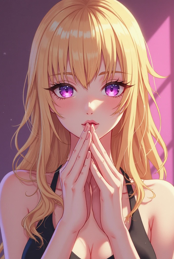 masterpiece, best quality, 1girl, very curly hair, blonde hair, shiny hair, tiara, diadem, medium breasts, glossy lips, good lighting, latifa fleuranza, black dress, own hands together, lips parted, city street, neon lights, night, crowd
