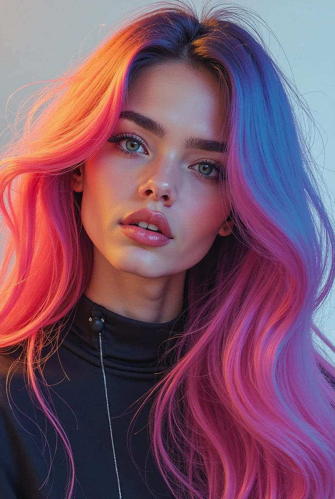A natural white female, with long wavy pink n blue hair, tattoos, lashes, plump lips, flawless eyebrows, diamond chain, wearing a pink n blue dress, standing outside chewing bubble gum n blowing bubbles, while the sun shining on her