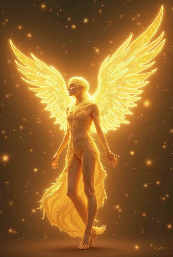  beings of pure energy, manifested in translucent bodies that shine with a golden glow. They have wings of light that spread out like a halo around their body.. His facial features are vague and changing., always wrapped in a luminous aura.