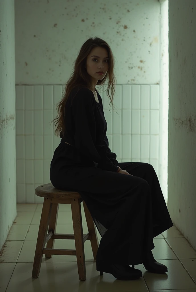 Obra maestra, mejor calidad, Hyper realistic, Cinematic photo, 18 year old girl, ((pale skin)), Polish amazing slim body, ((blusa blanca, negro)), ((negro school shoes)), long wavy brown hair, Piernas delgadas perfectas, Naked body, Caderas anchas, manos perfectas, hermoso rostro, cara perfecta, juvenil, (fondo borroso), estilo moderno, from bebajo, (bajo-angle shoot), bajo_angle_human, imponente, (tiro de cuerpo completo), sentado en las escaleras, tiro por debajo, (Ver visor), mirando al espectador,(8k, epic composition, Fotorrealista, Sharp focus), antecedentes detallados, ((In an empty school)), DSLR, grano de aluminio, sunny day