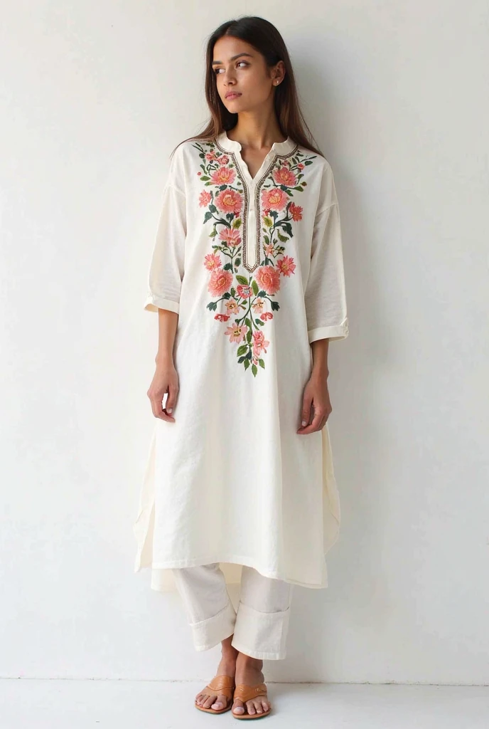 Make a semi long modern kurti pakistani design with ambrodari work with soft tone colour combination. Front side