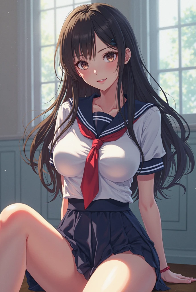 (extremely details CG、Unity、8K Wallpapers)、(extremely delicate and beautiful)、(​masterpiece)、(top-quality:1.0)、(超A high resolution:1.0)、beautiful  lighting、perfect lightning bolt、realistic shadow、[hight resolution]、Detailed skin、ultra-detailliert、detailed faces and eyes、Realistic eyes、Sharp pupils、cowboy  shot, Inside the classroom、Schools、Evening glow、beauitful face、blurry backround、16-year-old beautiful girl、shinny skin、Side Up、Beautiful black hair、Blunt bangs、Red Eye、(Katyusha:1.2)、a sailor suit、Pleated miniskirt、Curve、Sitting on a desk、(Opening legs、You can see light panties.:1.2)、Gentle smile、