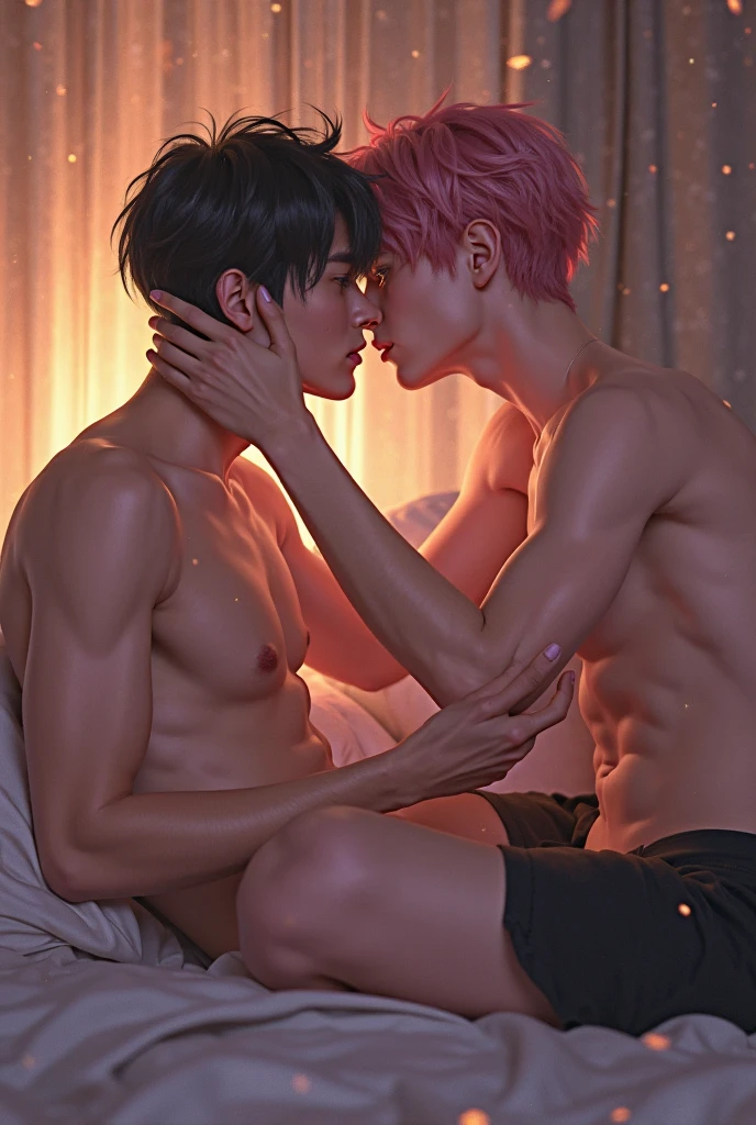 2 boys, love hotel, on bed, pink string lights, anal sex, sex, anal penetration, dick, cock, pink hair, grey eyes, brothers, sweat, blush, drool, ahegao, cum, excessive cum, gay, gay sex, lewd, NSFW