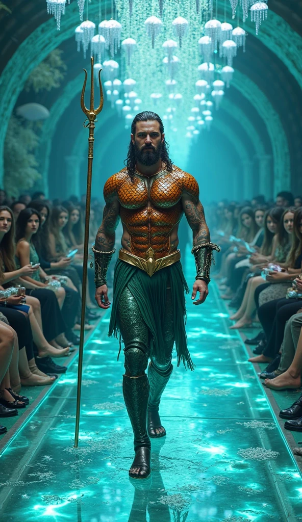 Give me a photorealistic image of a merman. He has a light skin, jet black hair. ravenous black eyes. His features should resemble a man's and he is muscular and massive. The whites of his eyes are black, but they are just distinguishable from the jet-black irises. He must be shown floating in a dark sea cave with green crystals growing on the rock around him. He must be smiling showujg his sharp teeth. He is handsome yet horrifying. Smile, Jewelry, Fang, Best Quality, HD, underwater, mermaid tail with black scales, his skin is dark all over and tail is black. Black man