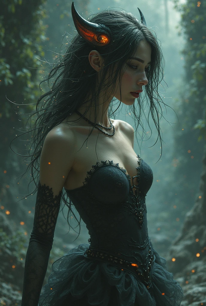 Full body, epic realistic, (dark shot:1.4), 80mm, Create a portrait of a woman with long dark hair. She has a mysterious expression, gazing at the viewer with a slight tilt of her head. She is elegantly dressed, The background features a forest of blue, impressionistic leaves, with an eerie white light shining through and a gradient shadow on the top part of the woman's face. Use a backlighting effect to add depth to the image, blue palette, wider show with more background and forest, (natural skin texture, hyperrealism, soft light, sharp:1.2), soft light, sharp, exposure blend, medium shot, bokeh, (hdr:1.4), high contrast, (cinematic, teal and orange:0.85), (muted colors, dim colors, soothing tones:1.3), low saturation, (hyperdetailed:1.2), (????:0.4), (intricate details:1.12), hdr, (intricate details, hyperdetailed:1.15), faded, (neutral colors:1.2), art, (hdr:1.5), (muted colors:1.1), (pastel:0.2), hyperdetailed, (artstation:1.4), warm lights, dramatic light, (intricate details:1.2), vignette, complex background,