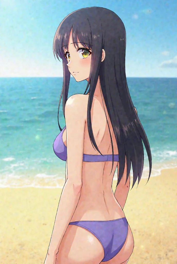 (masterpiece:1.3), (best quality:1.1), (8k, ultra detailed, ultra high res:1.2), (anime style:1.2), (perfect 5 fingers:1.1), perfect anatomy,
1girl,
Ai Hoshino,
BREAK long hair,
black hair,
purple eyes, star-shaped pupils,
smile,
BREAK small breasts,
(bandeau bikini, blue bikini), arms behind back,
looking at viewer,
cowboy shot,
perfect light,
outdoor, outside, sea, beach, sky,