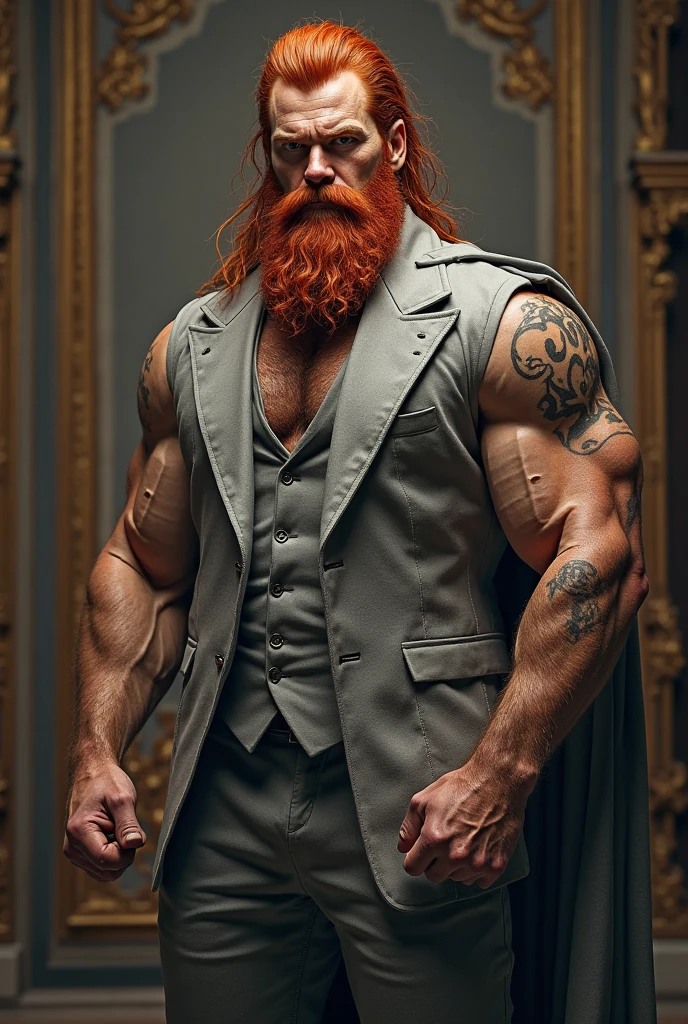 having red hair, High cheekbones and bright blue eyes. Ferreiro Vit, 18 years old, short black hair with a goatee mustache and a serious look and a little dark circles under his eyes from the middle ages