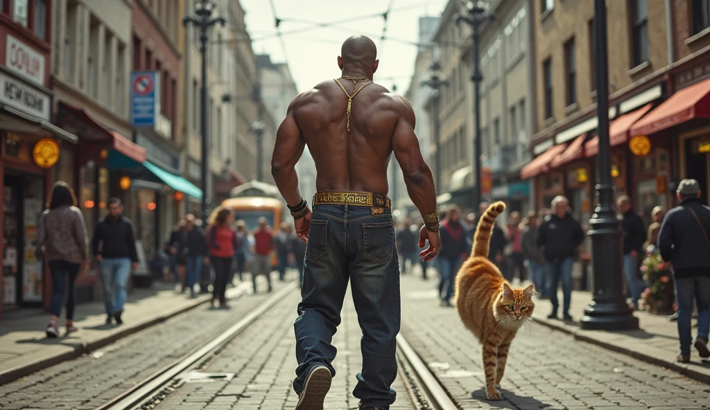 un homme noir et grand qui bat une chat dans la rue avec ces pieds