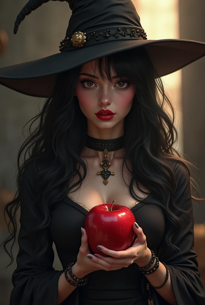 Girl,Black long hair,Black Queen,accessories,Apple in hand,Poison apples,Witch Queen,Red lipstick