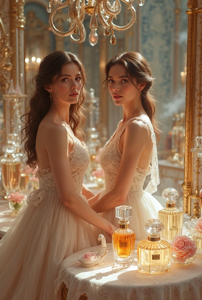 A beautiful couple, two elegant and alluring women, embracing each other passionately, (best quality,4k,8k,highres,masterpiece:1.2),ultra-detailed,(realistic,photorealistic,photo-realistic:1.37),extremely detailed and intricate facial features, high quality porcelain skin, lustrous hair, sensual poses, warm romantic lighting, soft glowing colors, dramatic chiaroscuro, exquisite art nouveau style, cinematic composition,dramatic shadows and highlights,glowing skin,lush fabrics,erotic,intimate,tender,elegant,classy