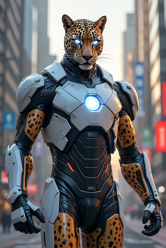 Iron man as Leopard, portrait, white black armor,, Marvel, superpower, city on the background, bright colors