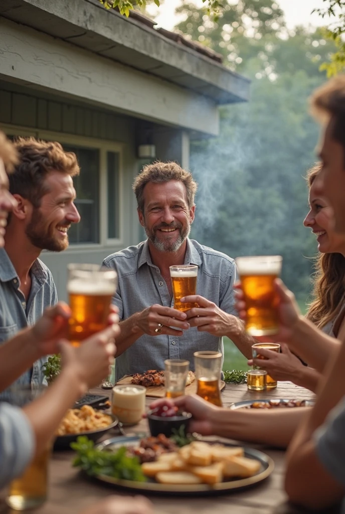Four people drinking beer at a counter with a grill.
A shirtless 40-year-old man with brown skin.
A 30-year-old woman with brown hair and glasses
A 50-year-old man wearing a white beanie with a grey shirt wearing glasses.
A man with a backwards cap and glasses with a long beard