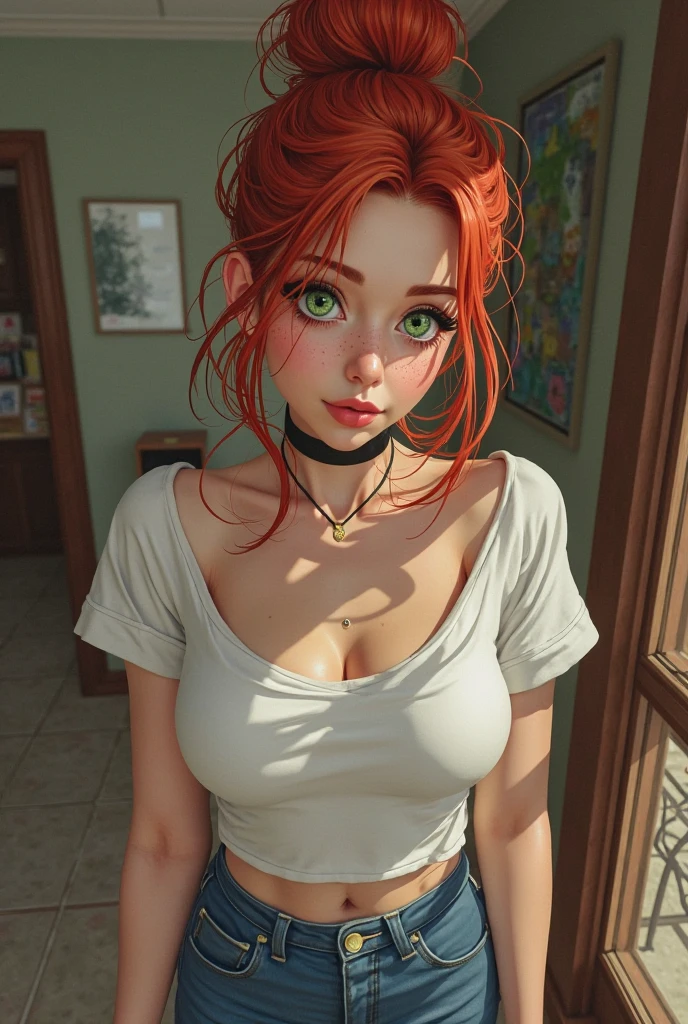 (best quality:1.2,8k,ultra realistic:1.37),NSFW,portrait of a 22-year-old female, white tank top, large breasts, leaning forward, red hair, green eyes, hazel eyes, 100% seductive, actual squirter