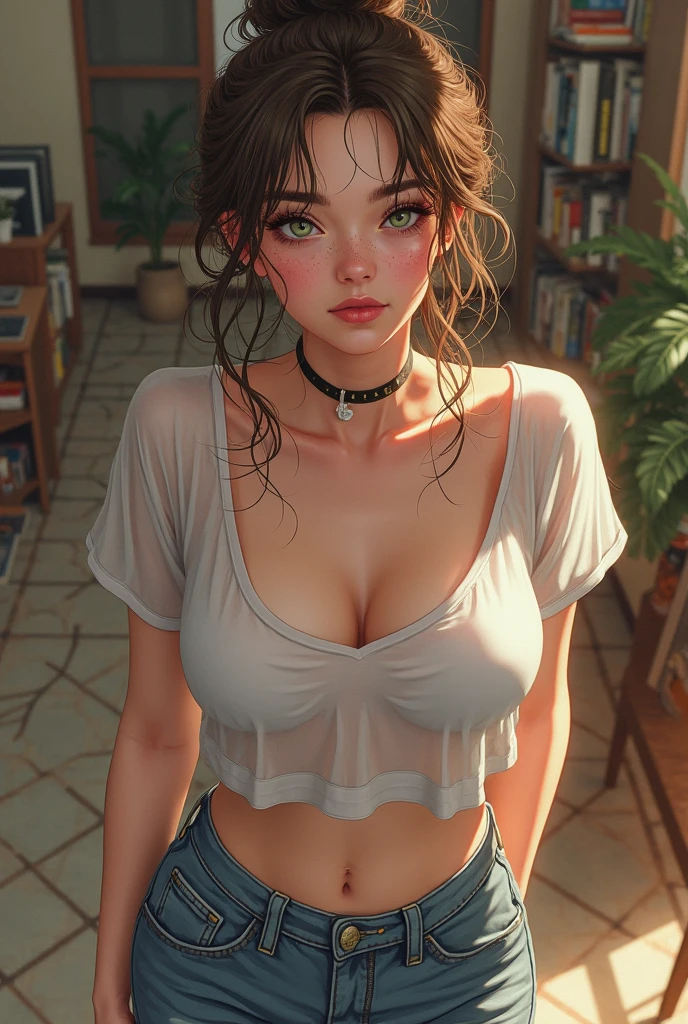 1 girl, Natural photography of a beautiful girl, wearing a loose crop top, leaning over, medium hair, big bust, locks eyes into the camera, symmetrical eyes, symmetrical face, (masterpiece) (best quality) (detailed) (8k) photorealistic, photography, path tracing, specular lighting, volumetric face light, path traced hair, visible shadows, intricate, elaborate, oiled , cleavage, wet skin, flirty, freckles, blush, dark eyeliner, hanging breasts, girl bending over, strap gap, leaning forward