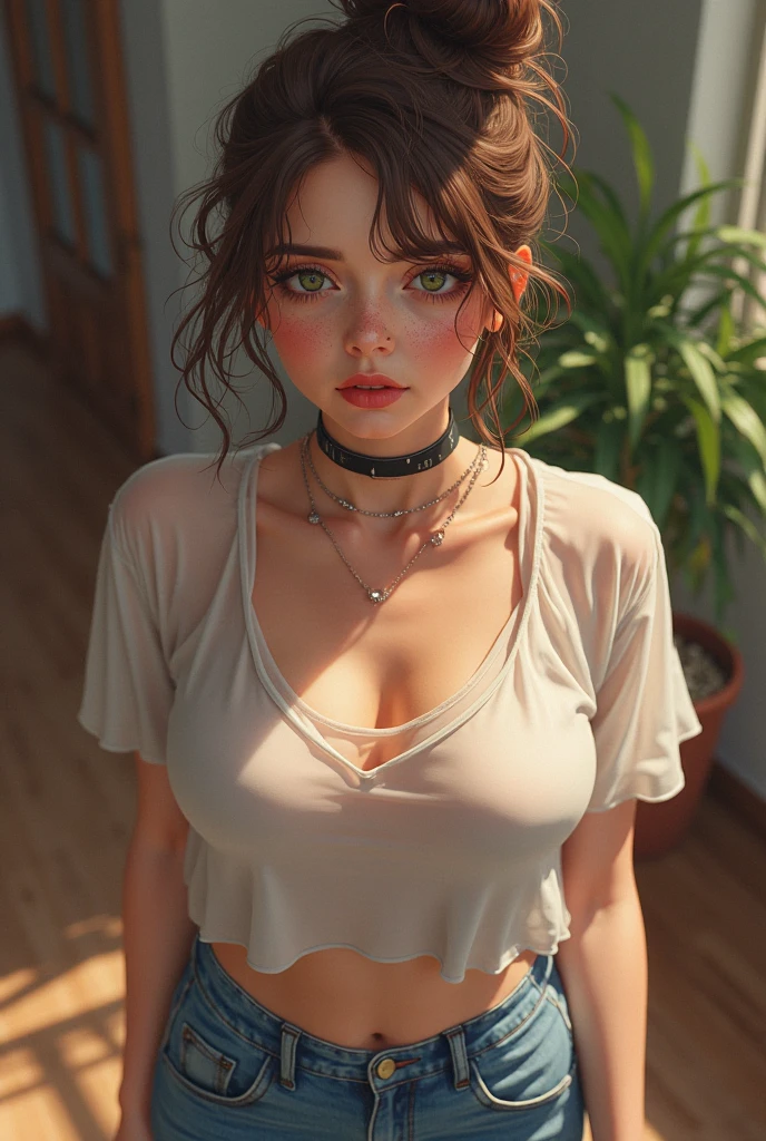 (masterpiece, photorealistic:1.4, extremely intricate:1.3, radiosity, photon mapping, dtx, 8K), ((((closeup necklace, white t-shirt, humid, [medium breasts:large breasts:0.8])), humid, [skin detail:freckles:0.7], makeup:1.0, red lips, 19 year teenage supermodel), dark room, ((black background, dark room, empty room)))