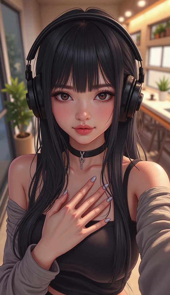 Girl with headphones enjoying music in a home I am studying Emphasize a little bit of the big chest Looking towards me with eyes closed Night Background