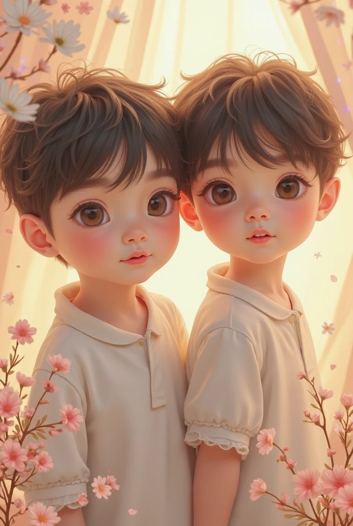 Make a BOY, offwhite, with brown hair and eyes with bangs, with black and slightly thick eyebrows next to a girl with very short male style short hair with bangs, big brown eyes, white