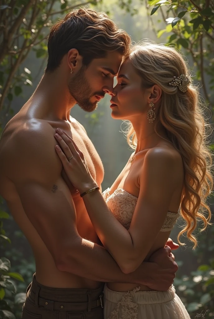 Pretty girl with short nlonde hair tied up nude outdoor with her nude boyfriend