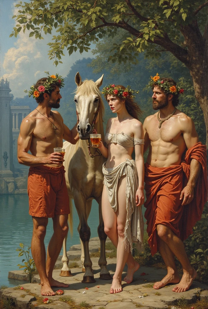 on the beach, 5 small full body, naked, naked woman lie on ground, small man riding white horse white looking back, white feather cloak, shield, bow, sword, female greek god, white hair, masculine, mature, naked, hairy torso, fantasy, intricate, elegant, highly detailed, digital painting, artstation, concept art, smooth, sharp focus, illustration, art by gaston bussiere and alphonse mucha, almost naked
