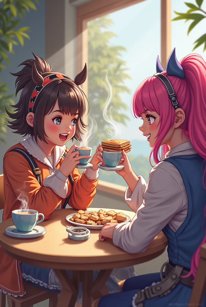 8K, High Masterpiece, (Best Quality: 1.23), (Masterpiece: 1.12), Rainbow Hair,, One Girl, Holding a Coffee Cup, Sitting, Wearing a Parker, Eating Breakfast, Coffee Cup, Knitted Hat, A Lot of Gadgets and Equipment Burning, Smoke, (Flames Around: 1.2)